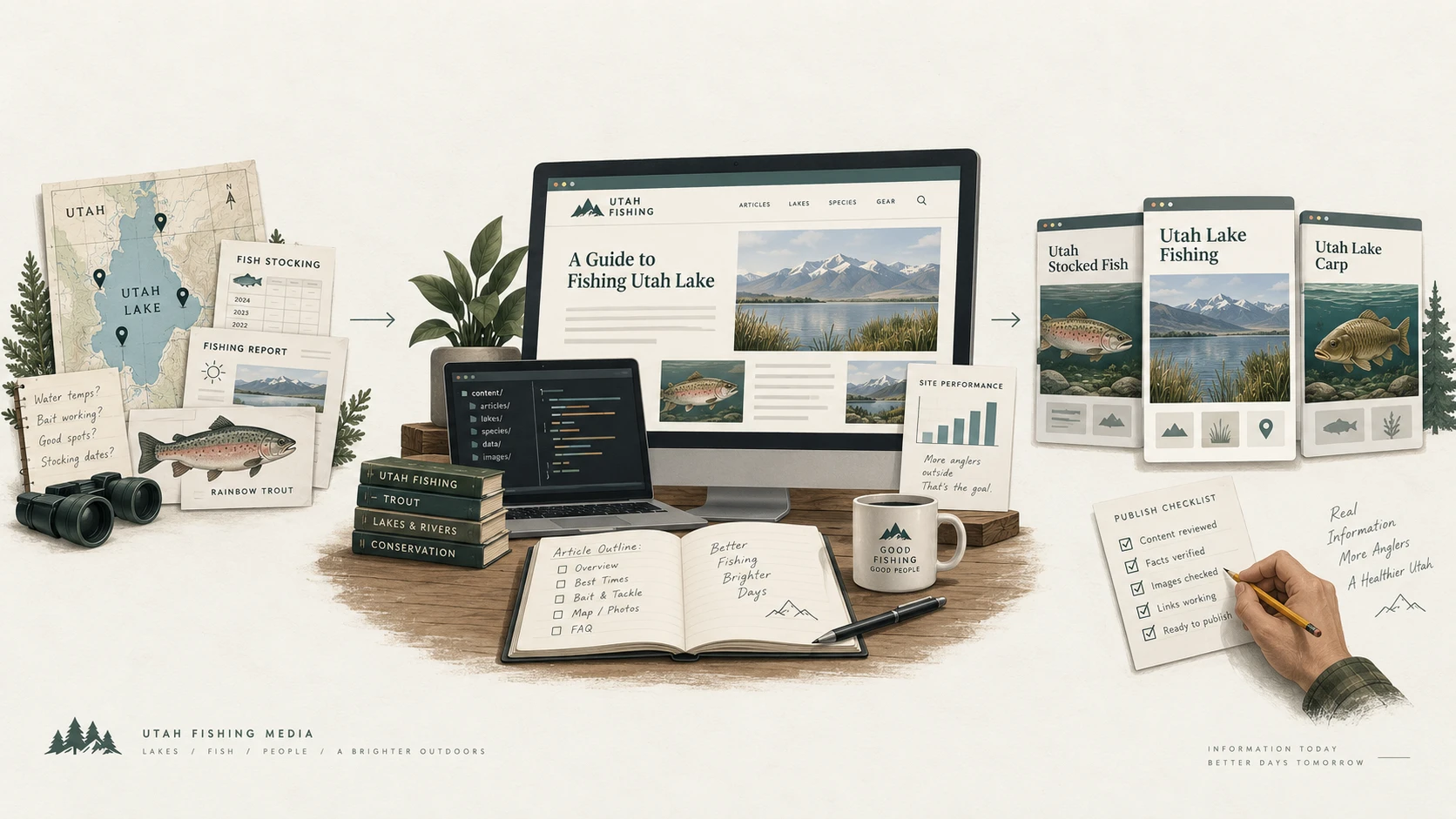 Utah Lake maps, stocking records, and fishing reports inform content and website development for Utah Stocked Fish, Utah Lake Fishing, and Utah Lake Carp, followed by a human publishing review.