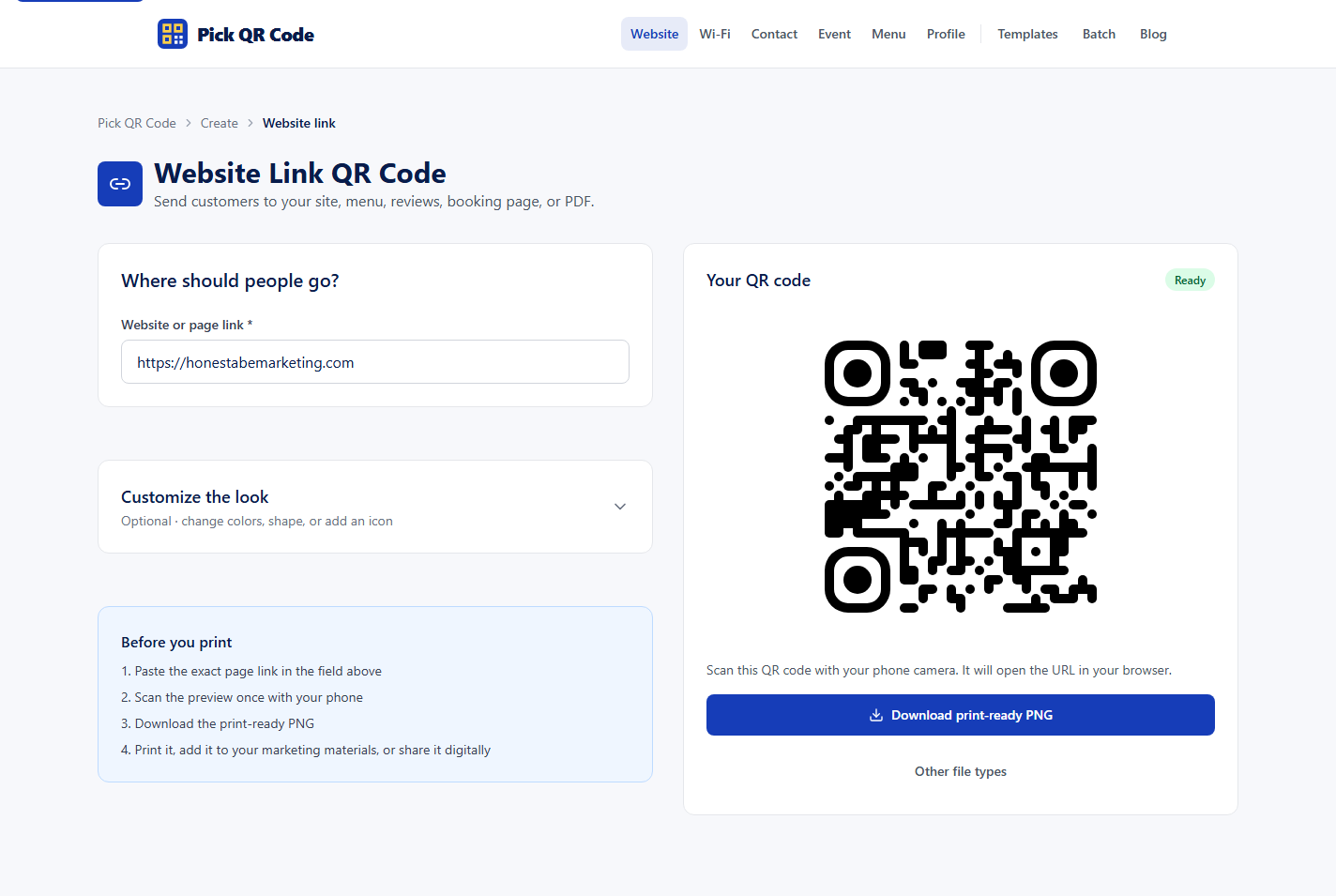 Pick QR Code website generator with a destination field, live QR preview, testing instructions, and download controls