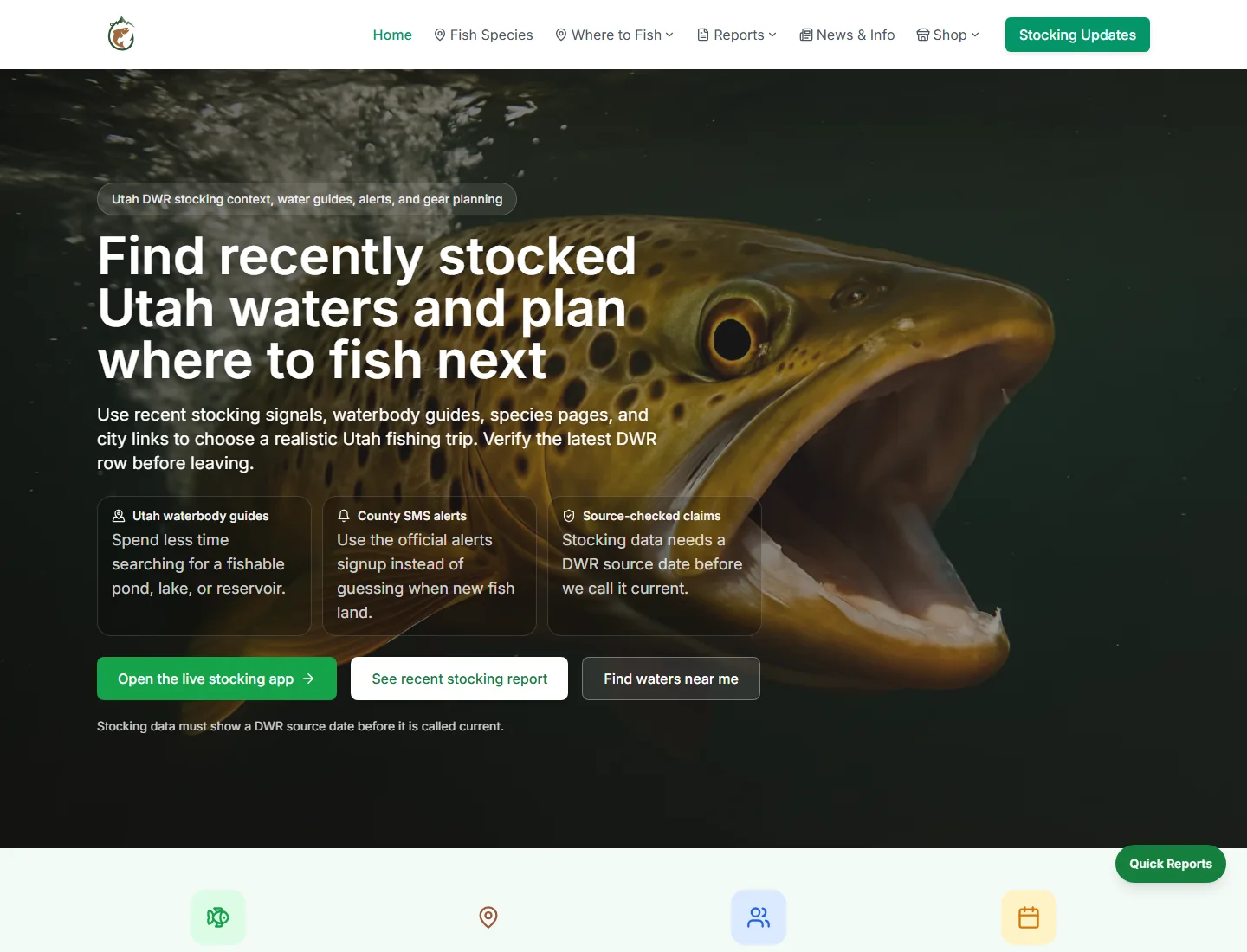 Utah Stocked Fish homepage with recently stocked water planning tools and links to current reports